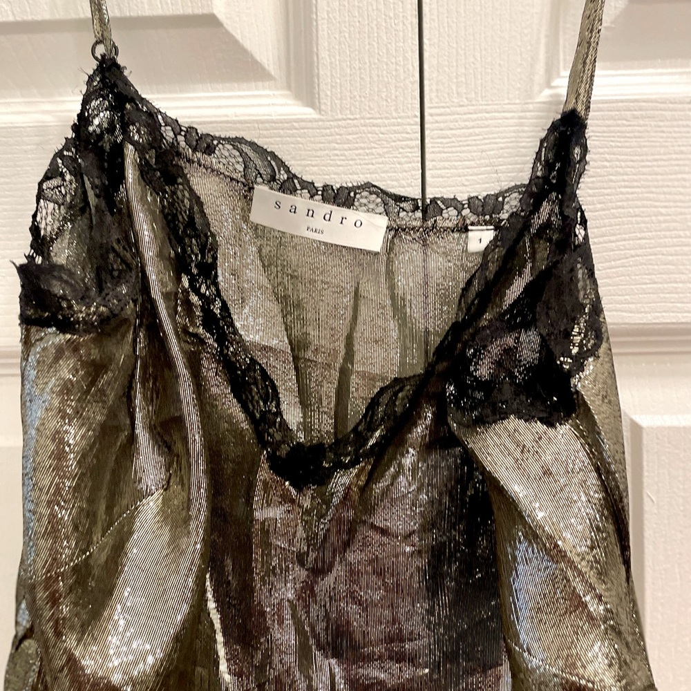New! Sandro Women’s Lace-Trimmed Metallic Gold Silk Camisole Tank Top Small - Picture 11 of 14